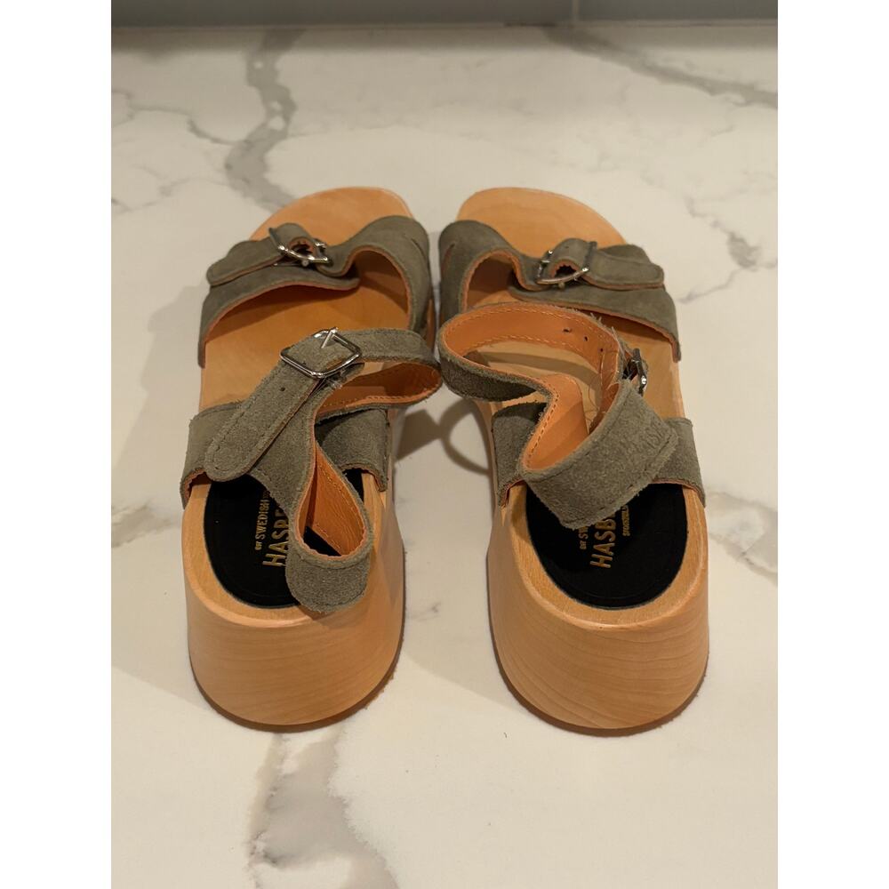 Swedish Hasbeens Olive Green Suede Wooden Clog Sandals Size 39 Low Block Heel - Picture 4 of 7